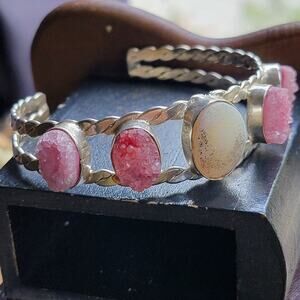 Sterling Silver Pink Druzy and Jasper Cuff Bracelet Handmade